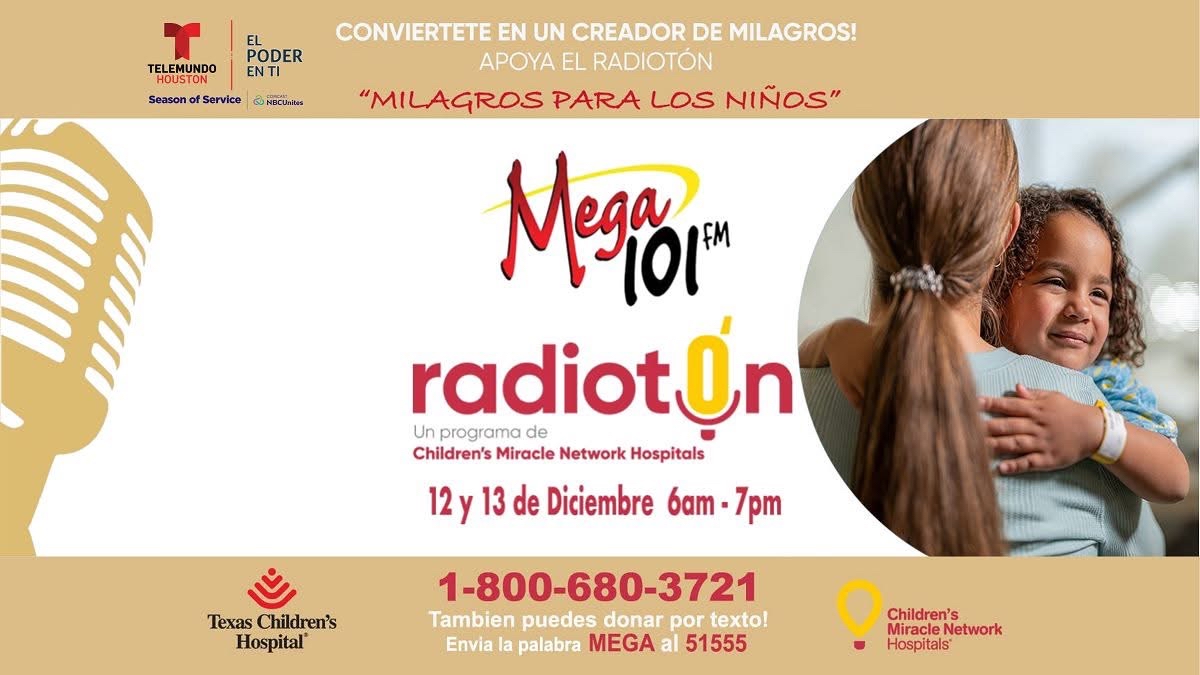 TelemundoHou's tweet photo. #TelemundoHouston está orgulloso de apoyar el #Radiotón con @Mega101Houston, @TexasChildrens y @CMNHospitals.
Para hacer tu donativo, llamar al 1-800-680-3721 o por texto envía la palabra MEGA al 21555.
#MegaRadiotón2024 #CMN #ElPoderEnTi #SeasonOfService #NBCUnites #Mega101 https://t.co/5qW7bWOiEB
