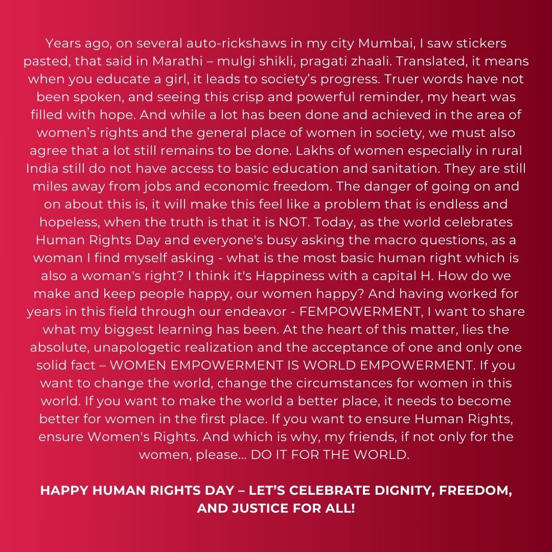 FempowermentMC's tweet photo. If you want to ensure Human Rights, ensure Women's Rights. And which is why, my friends, if not only for the women, please... DO IT FOR THE WORLD -
@kirensrivastav
Happy Human Rights Day – let’s celebrate dignity, freedom, and justice for all! #HumanRightsDay #Fempowerment https://t.co/yEjb8UFbf5