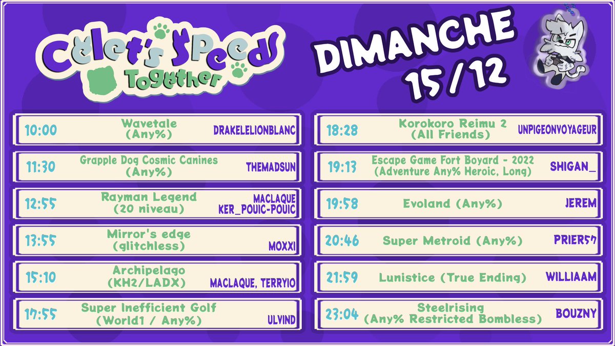Hello à tous, le marathon Celet's Speed Together de speedrun commence ce soir à 19h !   

J'taff dessus depuis plusieures semaines, si vous aimer mon contenu et voulez me soutenir n'hésitez pas à passer sur ttv/DrakeLeLionBlanc et parler de l'event autour de vous !