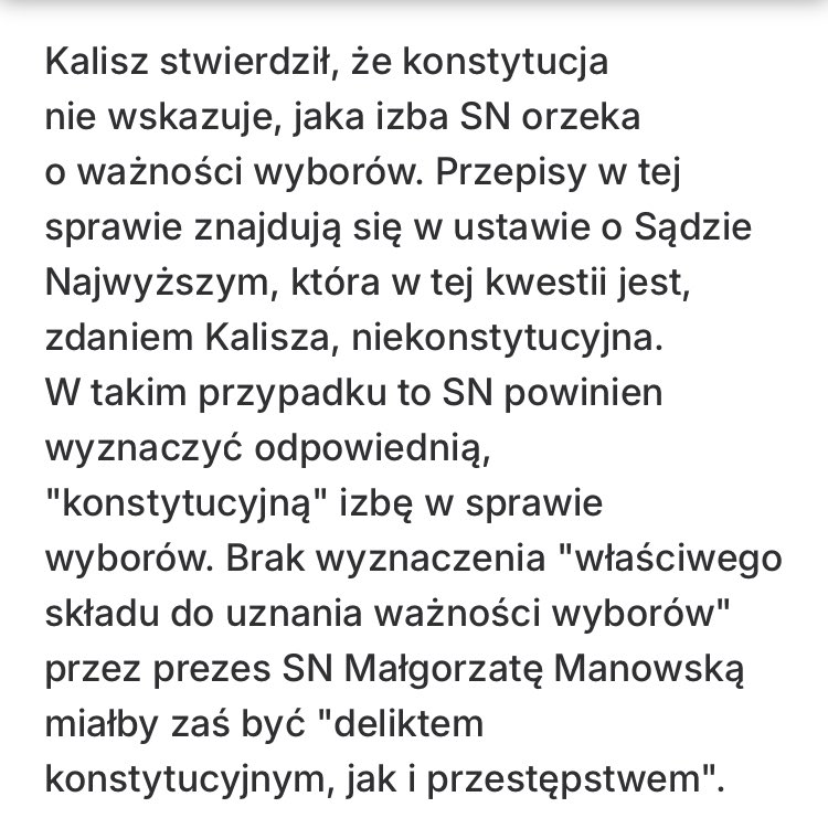 Bardzo ważne ‼️ 
Z wypowiedzi Kalisza wynika, że jeżeli Nawrocki wygra, to pod pretekstem tego, że o ważności wyborów będzie (zgodnie z ustawą) orzekać izba SN, którą rząd uznaje tylko co drugi dzień (kiedy mu to akurat pasuje), obecna ekipa rządząca nie uzna wyniku wyborów i