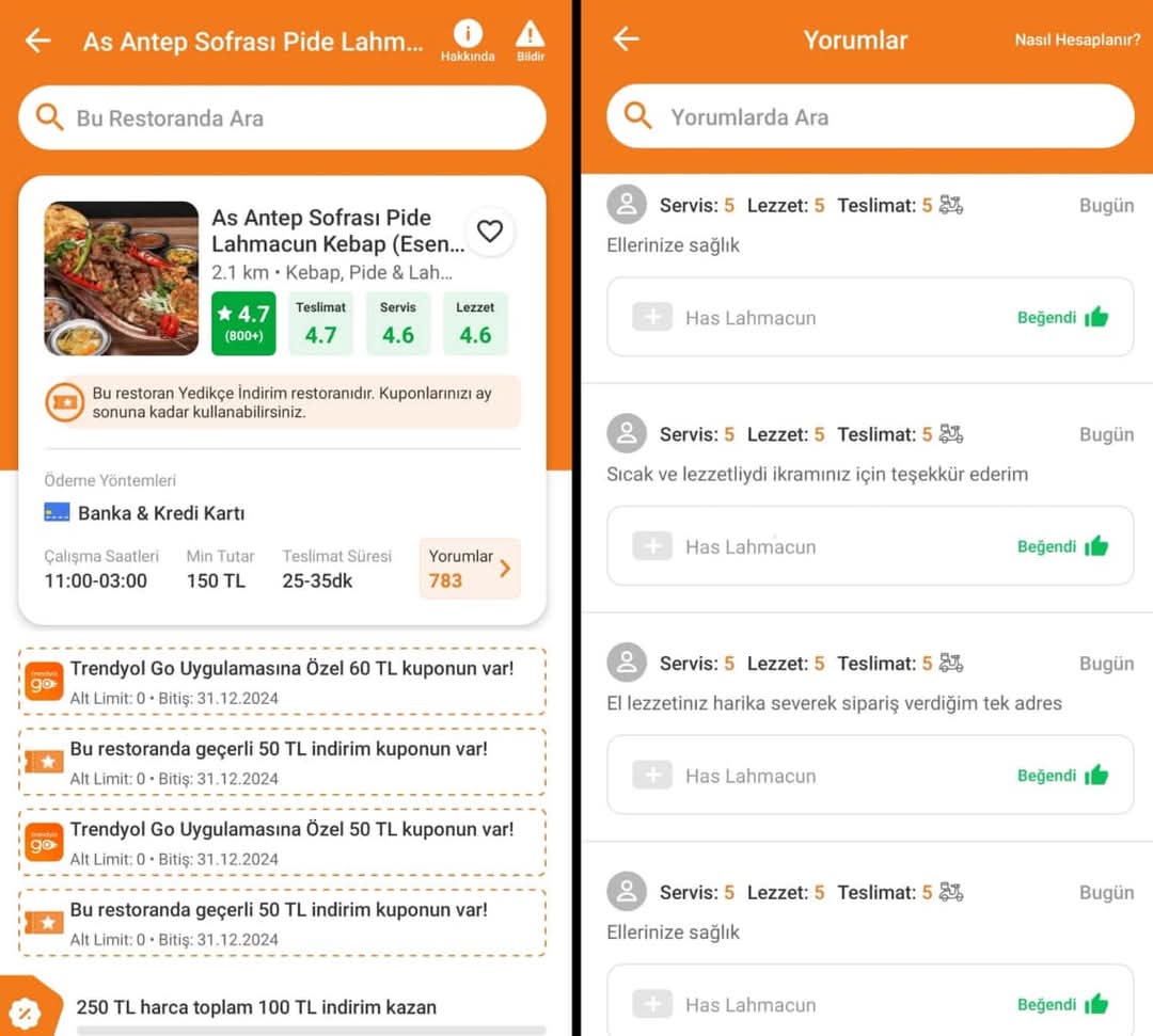 nutukcomtr's tweet image. Restoranların minimum sipariş tutarını kısa süre için 5 TL'ye düşürüp “Has Lahmacun" vb bir adla menüye ucuz ürün ekleyip kendilerine sayısız sipariş verdiği ve kendi yorumlarıyla puanlarını yükselttiği ortaya çıktı.
#Trendyol #yemeksepeti #BBMAs #Syria #bursaadliyesi