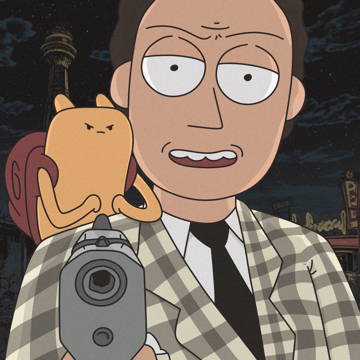 zumithesnail's tweet photo. As Zumi rolls left toward the man with the gun, he recognizes him as… Jerry?  From Rick and Morty?  That can’t be right… Jerry is a cartoon character… but there’s no time to think now.  Zumi jumps onto Jerry’s shoulder and looks back toward his foe, bracing for the fight of his life.  All of his training has been preparing him for this night.  He looks his nemesis in the eye and shouts…
(Choose your adventure below ⬇️)