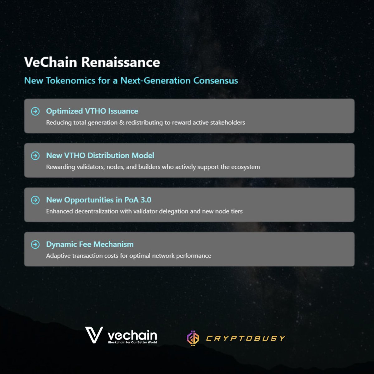 CryptoBusy's tweet image. #VeChain's story is simple: They're solving real enterprise problems at scale.

But this upgrade? It's different.

They're rebuilding their tokenomics with one goal: 

Making $VET a powerhouse in the next phase of the crypto cycle.

Here's how 👇🧵

@vechainofficial