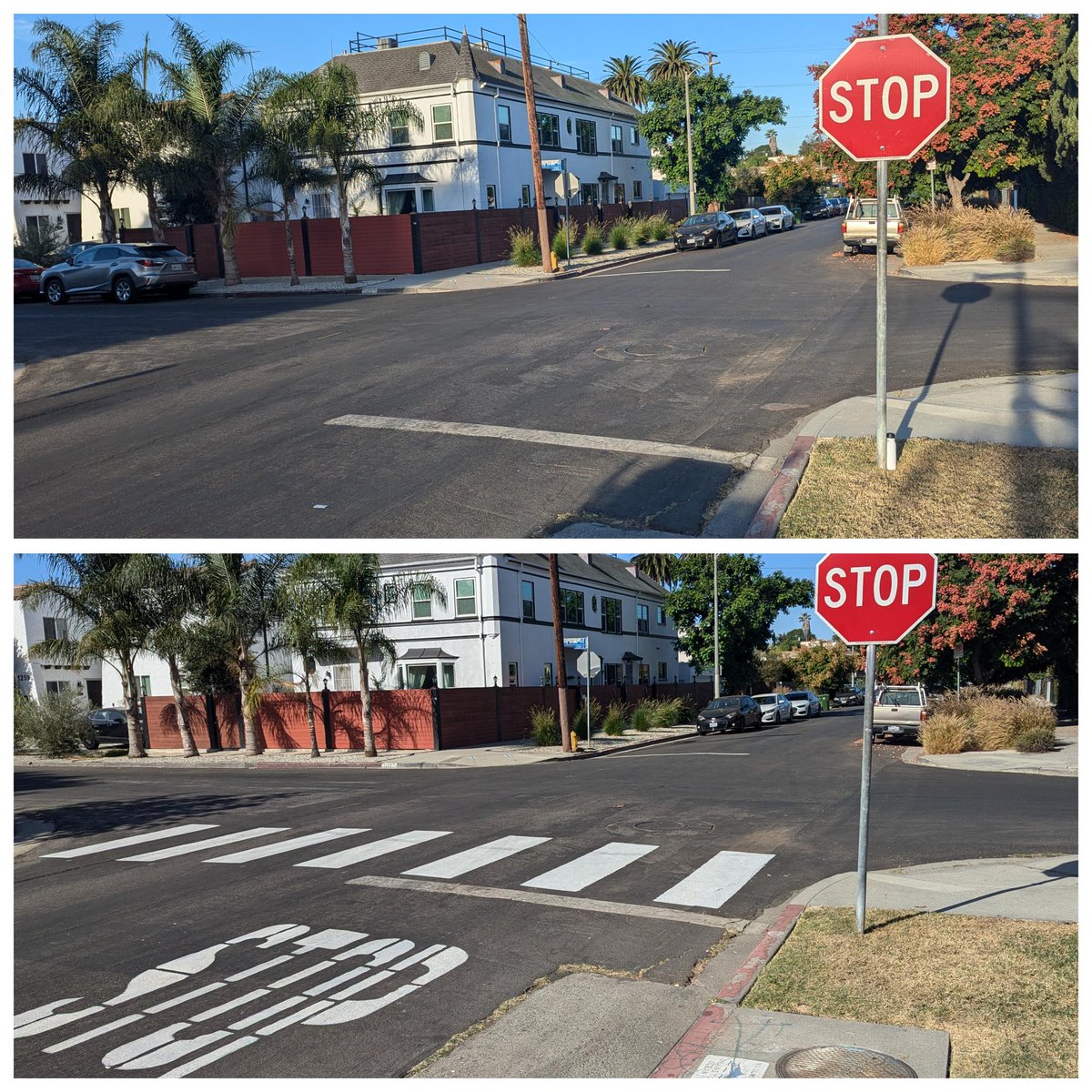 October 1 crosswalk request: "It's near a park that's near two schools. This is a two way stop with no crosswalk paint."

Crosswalk and STOP painted at Dockweiler &amp; Muirfield in Mid-City.