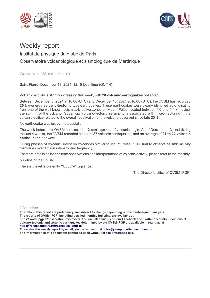 The weekly report of the activity of Mount Pelée for the period December 6 to 13, 2024 is available. Find all the preceding reports on the OVSM-IPGP webpage: ipgp.fr/fr/ovsm/bilans