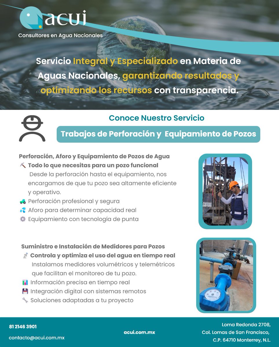 AcuiMx's tweet image. En #ACUI tenemos:

**Perforación, Aforo y Equipamiento de Pozos de Agua**
🚰 &quot;Desde la perforación hasta el equipamiento completo de pozos&quot;

** Suministro e Instalación de Medidores para Pozos**
📊 &quot;Controla y optimiza el uso del agua con nuestros medidores especializados.&quot;