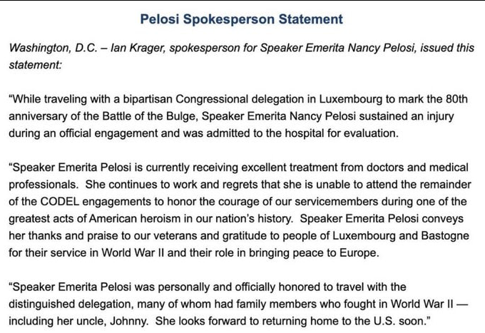 Nancy Pelosi hospitalizada, tras lesión, ,Luxemburgo,MundoNow