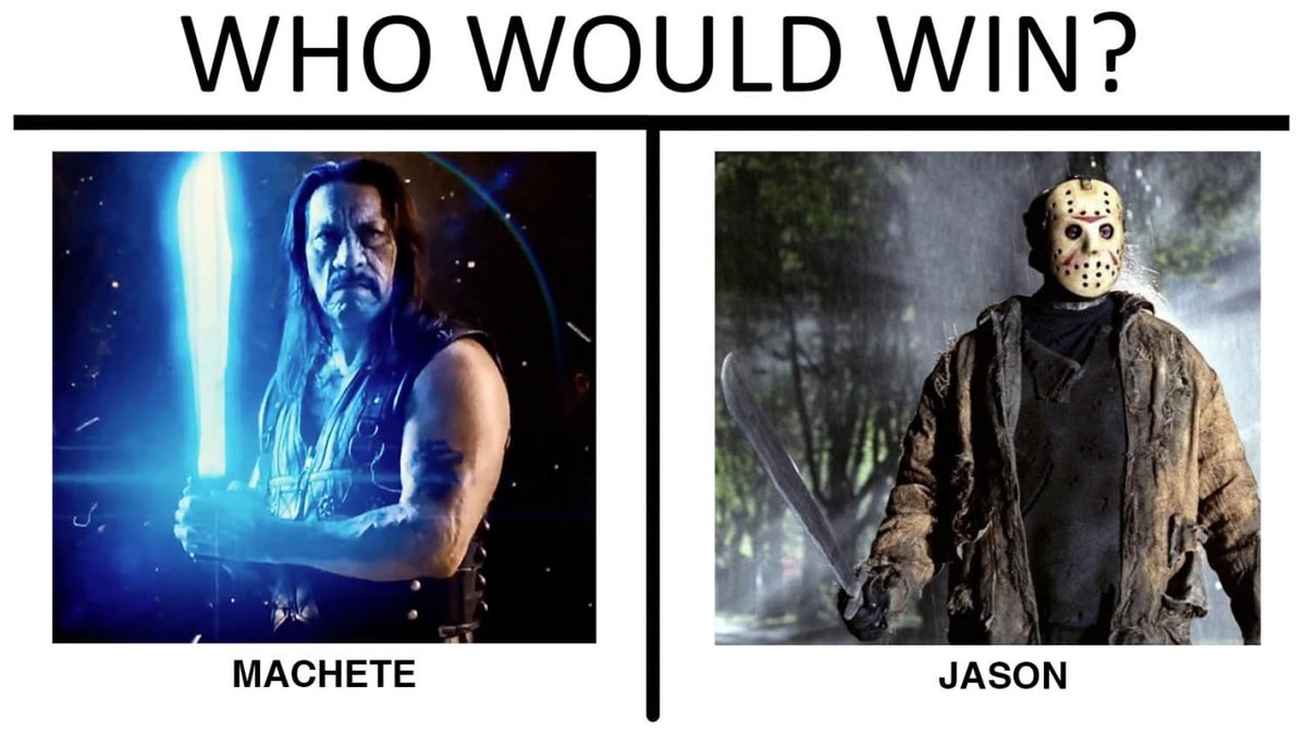 officialDannyT's tweet photo. Machete vs Jason ⚔️ Who wins? #FridayThe13th https://t.co/A86fxHjUSY