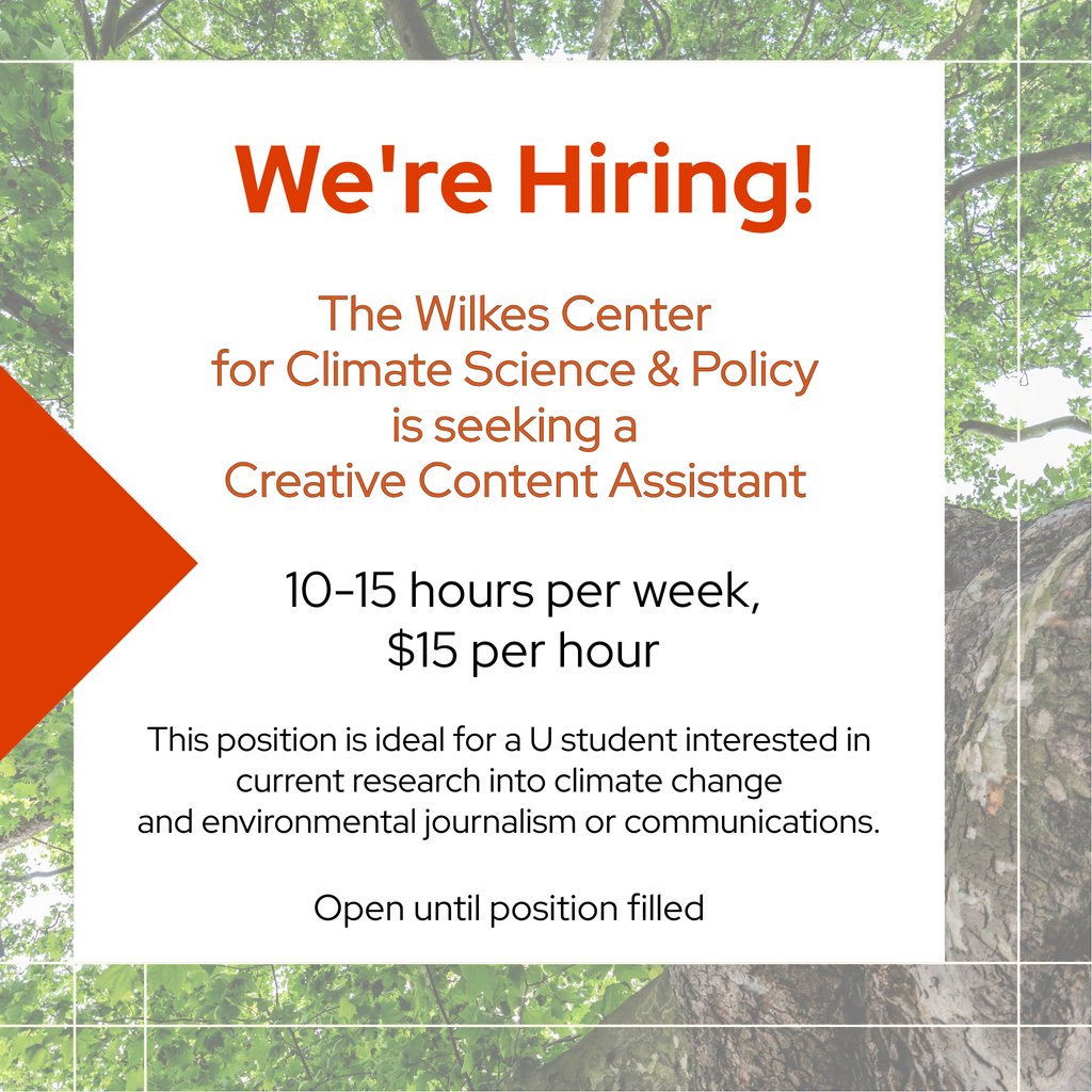 Wilkes Center for Climate Science & Policy (@wilkescenter) on Twitter photo We're seeking a PT Creative Content Assistant to support our marketing and communications programs. Position is ideal for <a href="/UUtah/">University of Utah</a> student interested in climate change solutions, environmental journalism/comms, and science communication.
utah.peopleadmin.com/postings/152966
<a href="/uofu_science/">College of Science</a> We're seeking a PT Creative Content Assistant to support our marketing and communications programs. Position is ideal for <a href="/UUtah/">University of Utah</a> student interested in climate change solutions, environmental journalism/comms, and science communication.
utah.peopleadmin.com/postings/152966
<a href="/uofu_science/">College of Science</a>