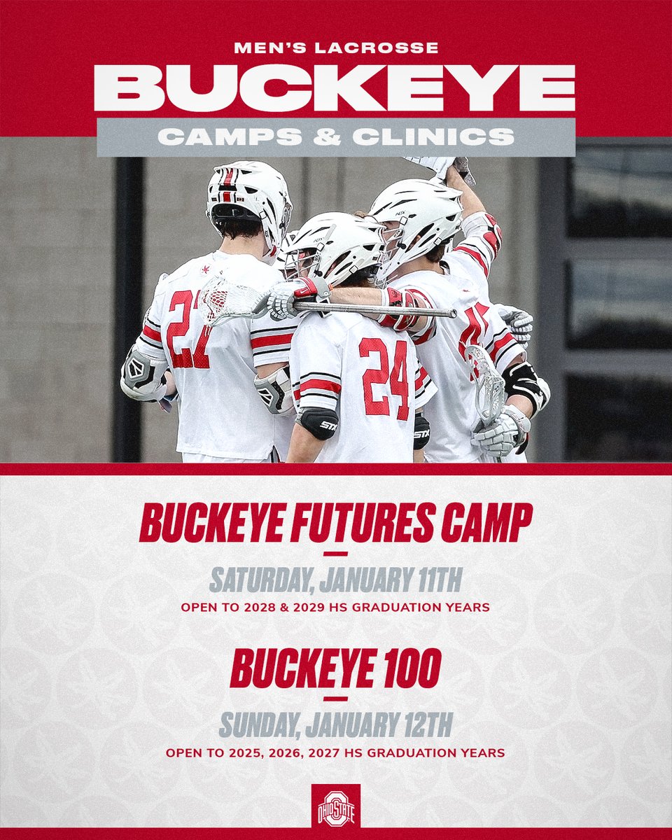 Ohio State Men's Lacrosse (@ohiostatemlax) on Twitter photo Just under a month out from our upcoming Buckeye Lacrosse camps ⌛
Register today!
go.osu.edu/24mlaxcamps
#GoBucks Just under a month out from our upcoming Buckeye Lacrosse camps ⌛
Register today!
go.osu.edu/24mlaxcamps
#GoBucks