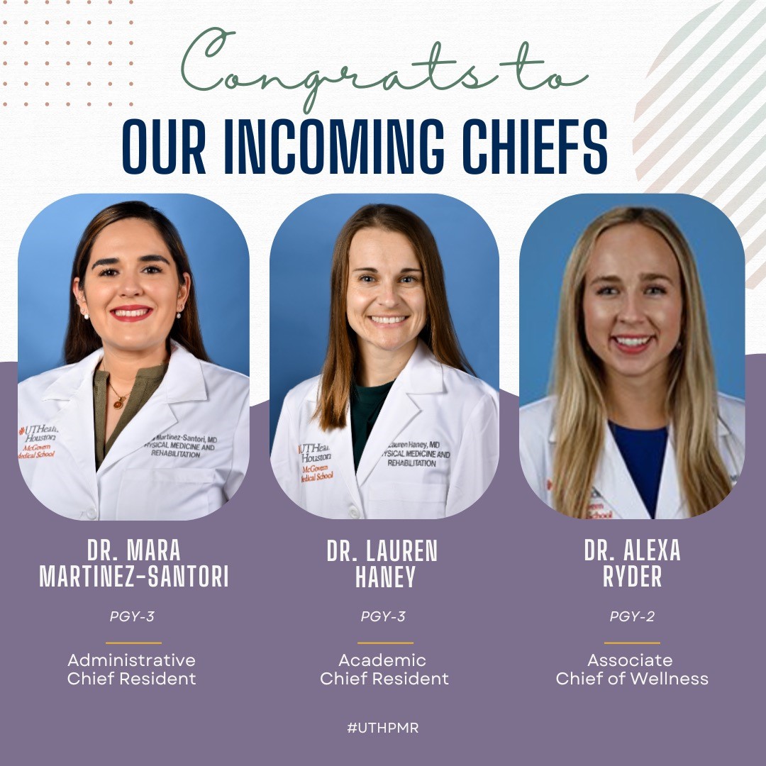 UTHealth Houston PM&R (@uthpmr) on Twitter photo Excited to announce our new <a href="/UTHPMR/">UTHealth Houston PM&R</a> Chief Residents!
💫Mara Martinez-Santori, MD, PGY3 - Administrative Chief Resident <a href="/mmsantori/">Mara Martínez-Santori, MD, MS</a>
💫Lauren Haney, MD, PGY3 - Academic Chief Resident <a href="/raulen_nahey/">Lauren Haney</a>
💫Alexa Ryder, MD, MBA, PGY2 - Associate Chief Resident of Wellness <a href="/Alexa_Ryder17/">Alexa Ryder MD, MBA</a> Excited to announce our new <a href="/UTHPMR/">UTHealth Houston PM&R</a> Chief Residents!
💫Mara Martinez-Santori, MD, PGY3 - Administrative Chief Resident <a href="/mmsantori/">Mara Martínez-Santori, MD, MS</a>
💫Lauren Haney, MD, PGY3 - Academic Chief Resident <a href="/raulen_nahey/">Lauren Haney</a>
💫Alexa Ryder, MD, MBA, PGY2 - Associate Chief Resident of Wellness <a href="/Alexa_Ryder17/">Alexa Ryder MD, MBA</a>