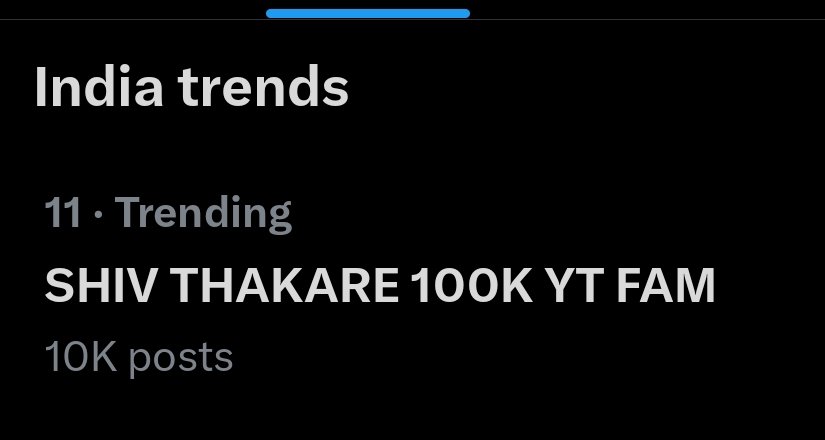 10K done for our 100K trend🥳🥳🥳🥳

Trending at 11 all over India!

Kudos to everyone who participated ♥️♥️♥️

SHIV THAKARE 100K YT FAM
#ShivThakare