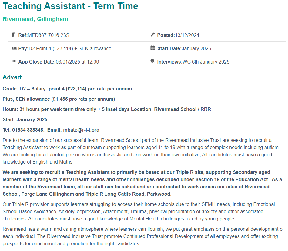 RivermeadSchool's tweet photo. Are you excited and eager to work at an amazing Special School as a Teaching Assistant? If so, look on Kent Teach for our current advert! @RivermeadEPR @RivermeadCEO @RivermeadTrust @RivermeadExecHT @WaldersladeP @Woodlands_aca @TheMarlborough1 @HSWprimary @LutonPrimary https://t.co/pJivx2XLOR