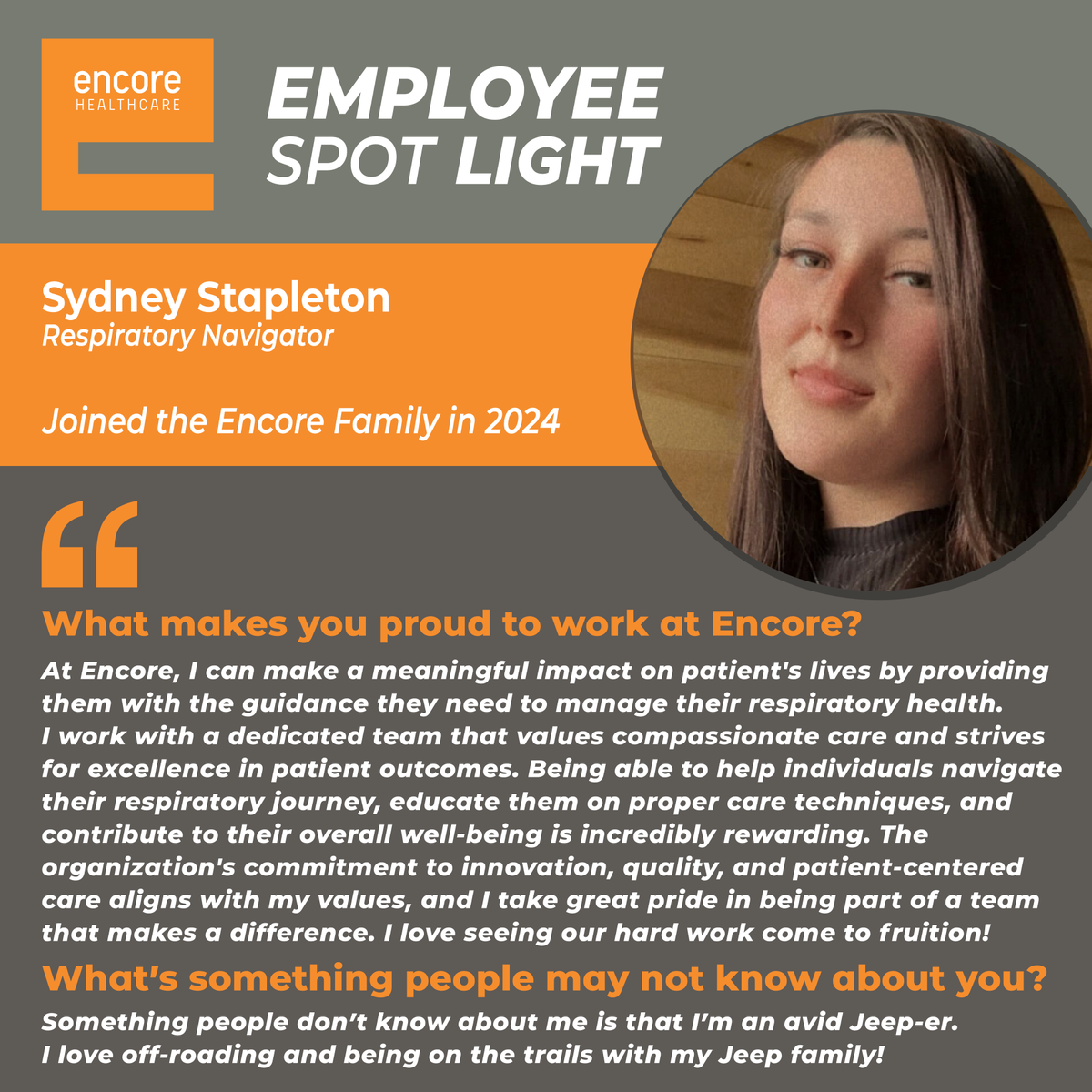 EncoreHC's tweet photo. Employee Spotlight: Sydney Stapleton
She is a great asset to Encore Healthcare!
#ElevatingRespiratoryCare #EncoreHealthcare https://t.co/3JfCrj3ln0