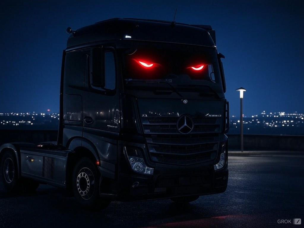 Mercedes-Benz Actros with red devil eyes.