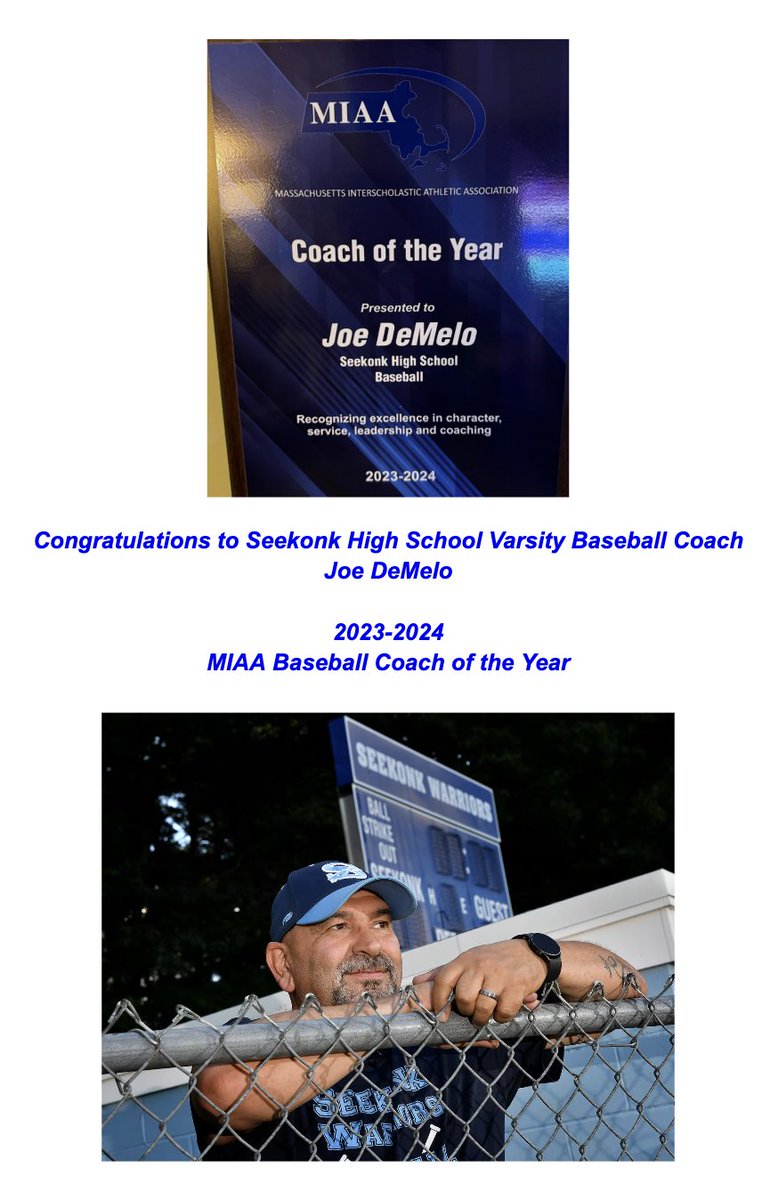 SeekonkHS's tweet photo. Congratulations to Seekonk High School Varsity Baseball Coach Joe DeMelo! 2023-2024 @MIAA033  Baseball Coach of the Year... https://t.co/dk9m4a7UhM