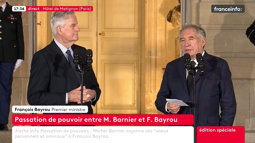 Bayrous Prioritäten in seiner 1. Rede als Premier:
- Schwierige Schuldensituation schultern
- Graben zwischen Elite und Volk überwinden
- Frankreich versöhnen (mit Verweis auf Heinrich IV.)

Er wirkte sehr bedenklich und ernst. Maximaler Kontrast zum feurigen Attal im Januar.