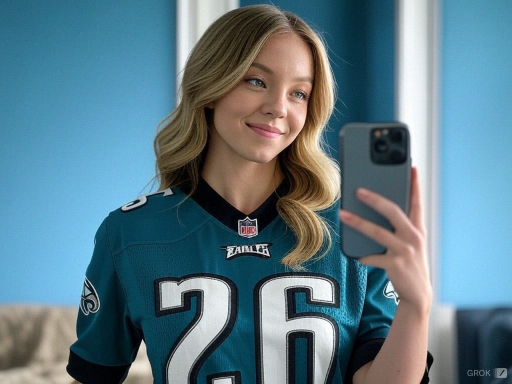 PHOTOS: Sydney Sweeney revealed her favorite football team is the Philadelphia Eagles after posting a series of steamy photos of herself baring her bottom in front of a mirror, seemingly showing off her entire bottom except for a tiny purple thong in the middle...-vut