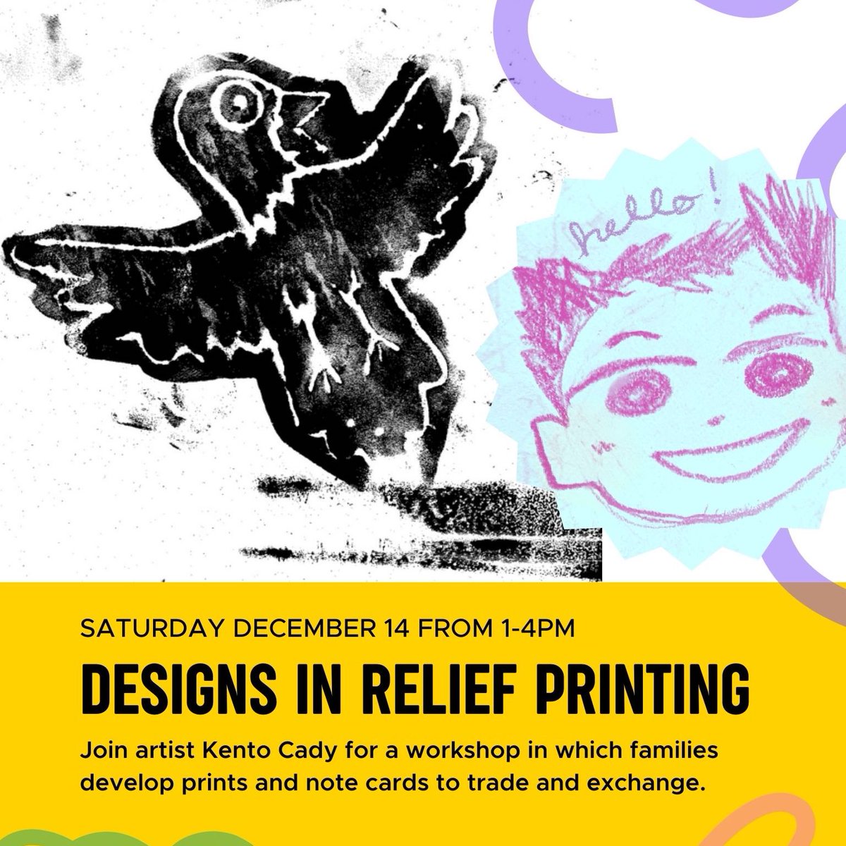 TOMORROW! Create paper note cards, signs and paper wrapping using relief printing techniques. In this free workshop everyone will create something to gift to a family member or friend. Make prints to swap and trade. All ages are welcome. Participation is free.