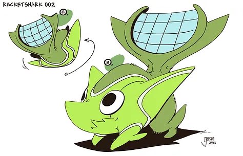 This was when I proposed a radical new idea: What if the sharks were tennis-themed?! Maybe the big shark’s tail is a racket, and the baby shark is a tennis ball. We could call them Thracket and Pubber!

(Left: <a href="/Irischroma/">IRISCHROMA @ BSKY🦋</a> , Right two: <a href="/jouste/">jesse turner</a> )