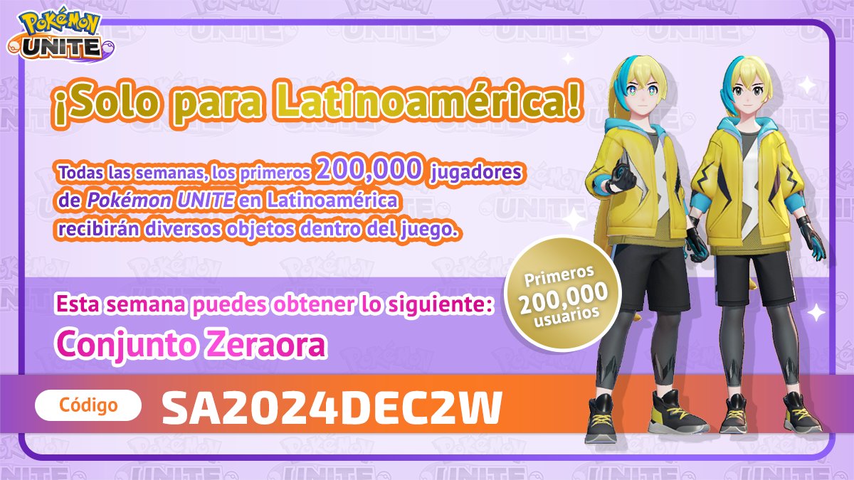 👇💥 Esta semana puedes obtener lo siguiente:
Conjunto Zeraora
Código de regalo: SA2024DEC2W