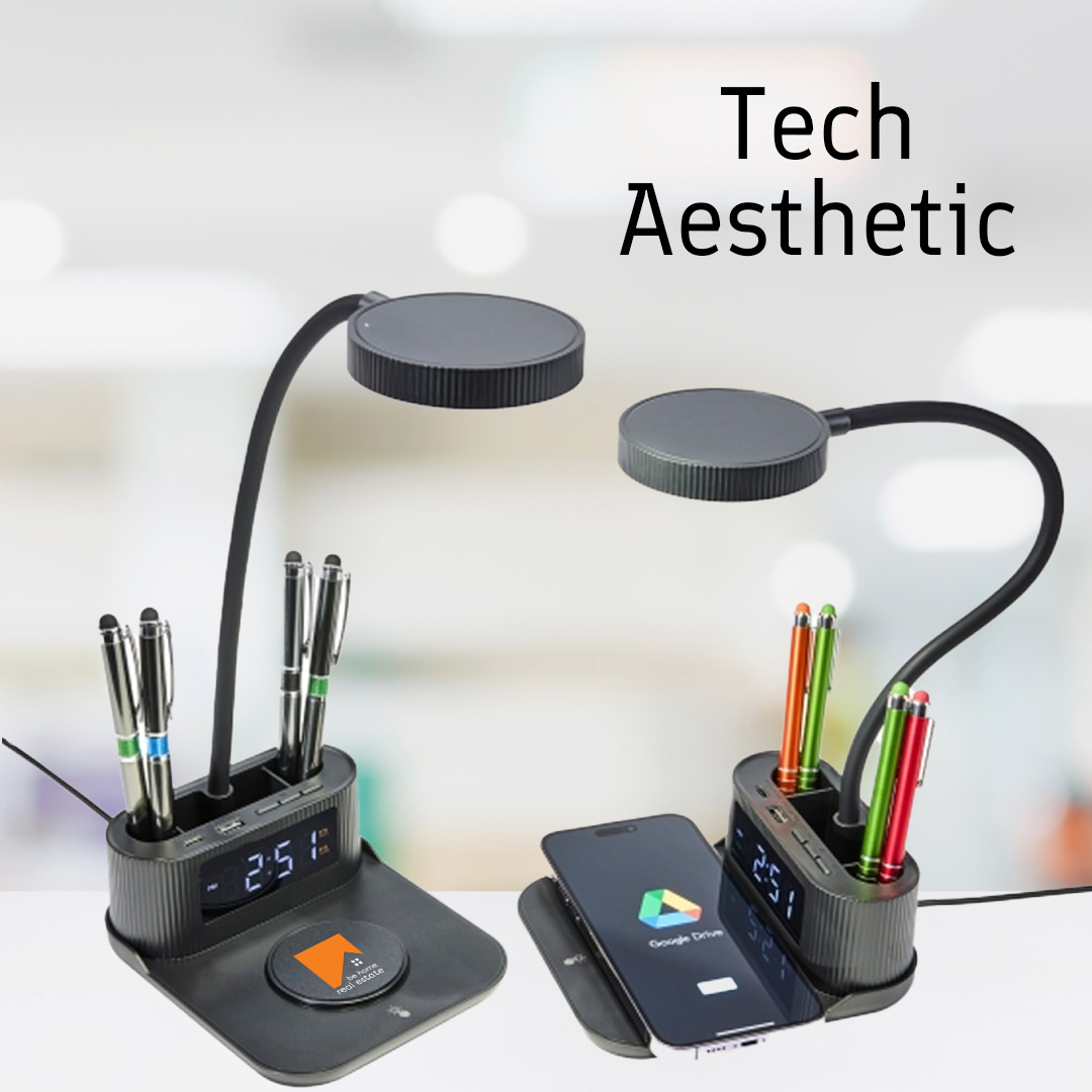 DecoratedWear's tweet photo. Discreet tech products that blend effortlessly with the decor are a growing trend. Take this combination lamp, pen holder, alarm clock and phone charger, built for both style and function. Add your logo to the charging port for a branded gift sure to impress your top clients. https://t.co/aXhSZYLgTU
