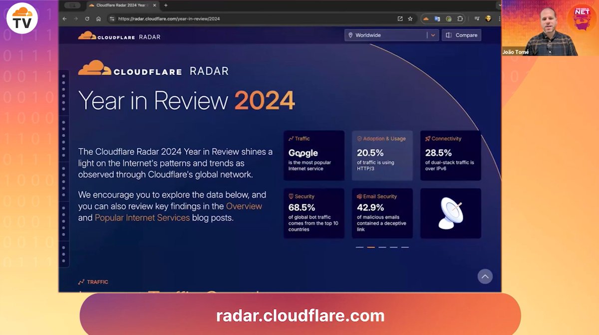 CloudflareTV's tweet image. Explore the worldwide trends that shaped the Internet with @CloudflareRadar’s 2024 Internet Year in Review. Host João Tomé (@Emot) and Head of Data Insight, David Belson (@DBelson) look at the Internet’s popular patterns of 2024 on a new #ThisWeekInNET. Don’t miss this >>…