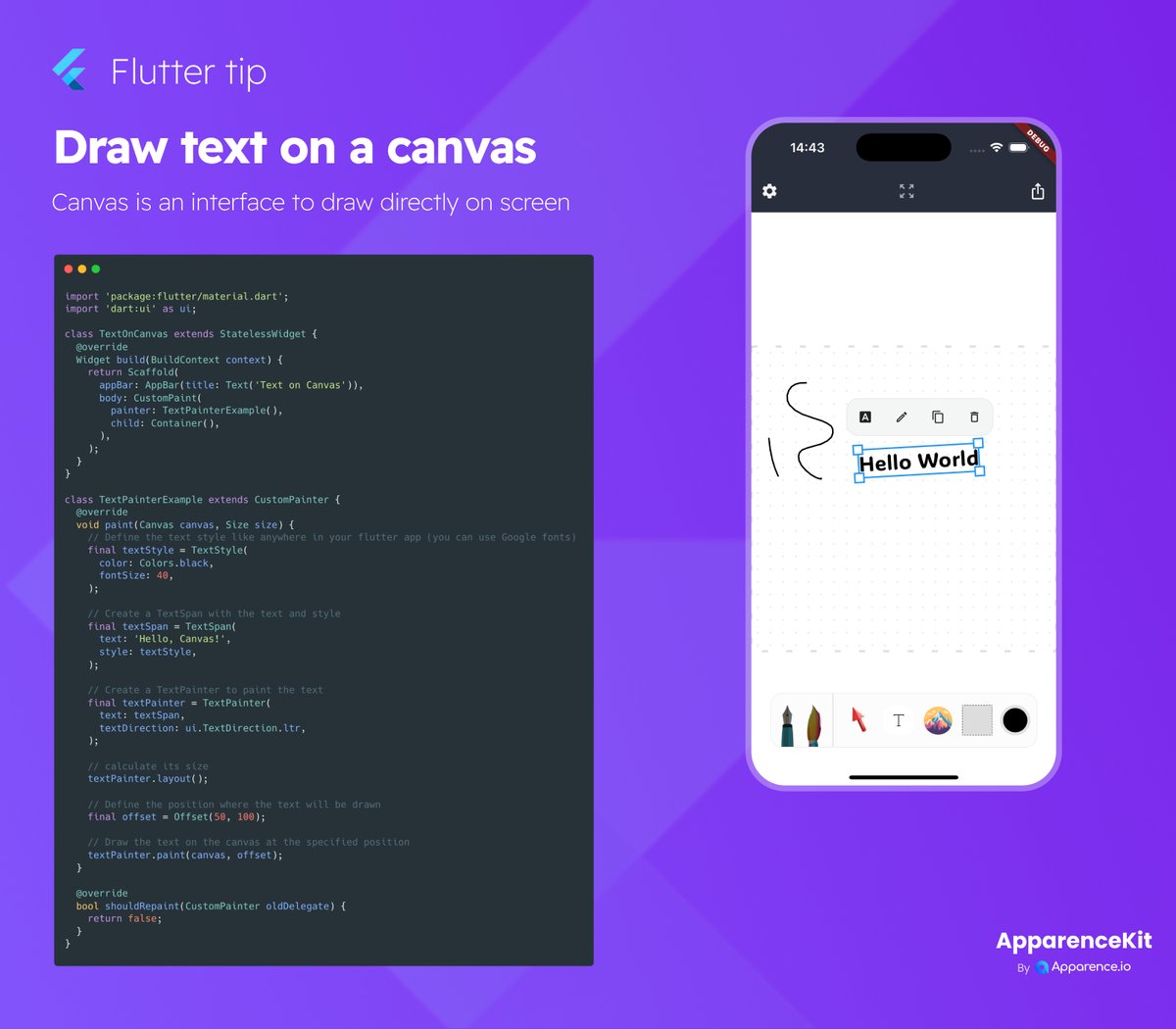 mcflyDev's tweet image. 🧐 Flutter tips
How to draw a text on a canvas?

#flutterdev #fluttertip