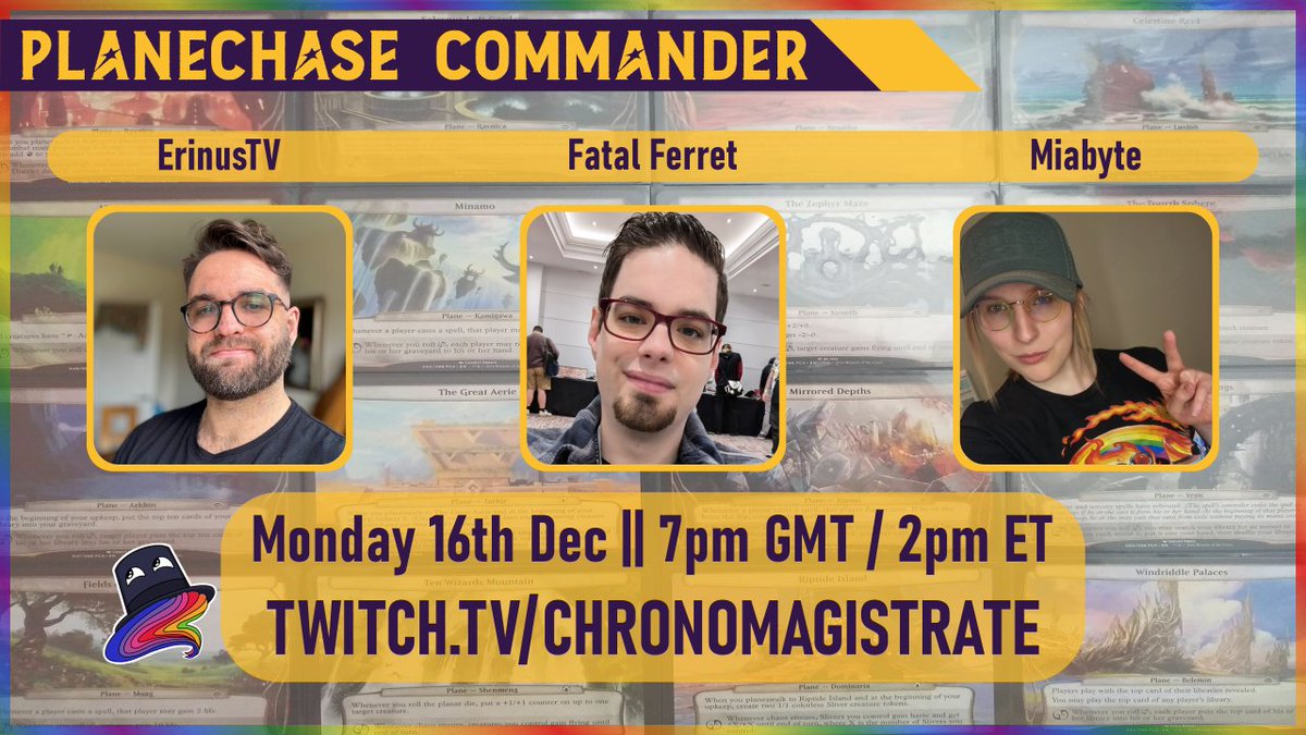 Chronomagistrate, Cylon Horror (@godigumdrop) on Twitter photo The weekend fast approaches and so does the final round of 2024's Spelltable shenanigans on the Timestream!
Next week @erinustv, <a href="/miabyte/">Miabyte πNow posting on miabyte.bsky.social</a> & <a href="/fatalferret/">Fatal Ferret π£ Connor π΄</a> join me to traverse the omenpaths for more Planechase Commander!
7pm GMT || twitch.tv/chronomagistra⦠The weekend fast approaches and so does the final round of 2024's Spelltable shenanigans on the Timestream!
Next week @erinustv, <a href="/miabyte/">Miabyte πNow posting on miabyte.bsky.social</a> & <a href="/fatalferret/">Fatal Ferret π£ Connor π΄</a> join me to traverse the omenpaths for more Planechase Commander!
7pm GMT || twitch.tv/chronomagistraβ¦