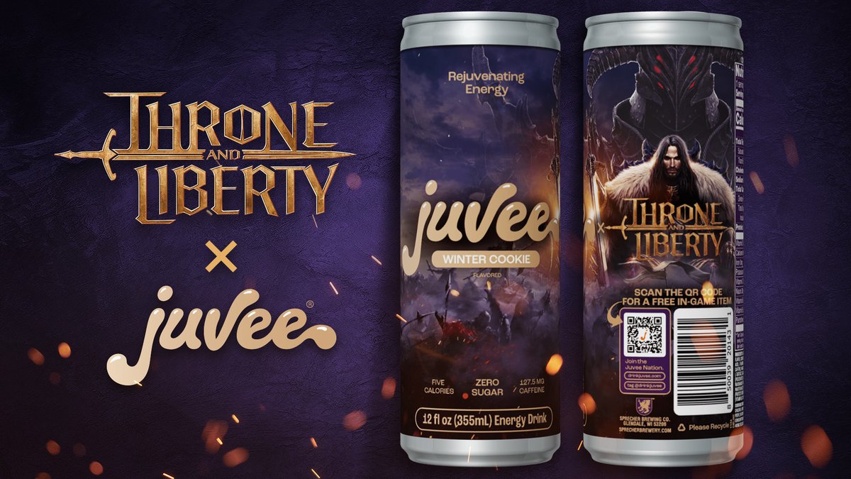 Amazon Games and <a href="/drinkjuvee/">Juvee</a> celebrate Startree Solstice with the release of a THRONE AND LIBERTY-themed energy drink: Winter Cookie. 

Available now at bit.ly/4geSQCQ