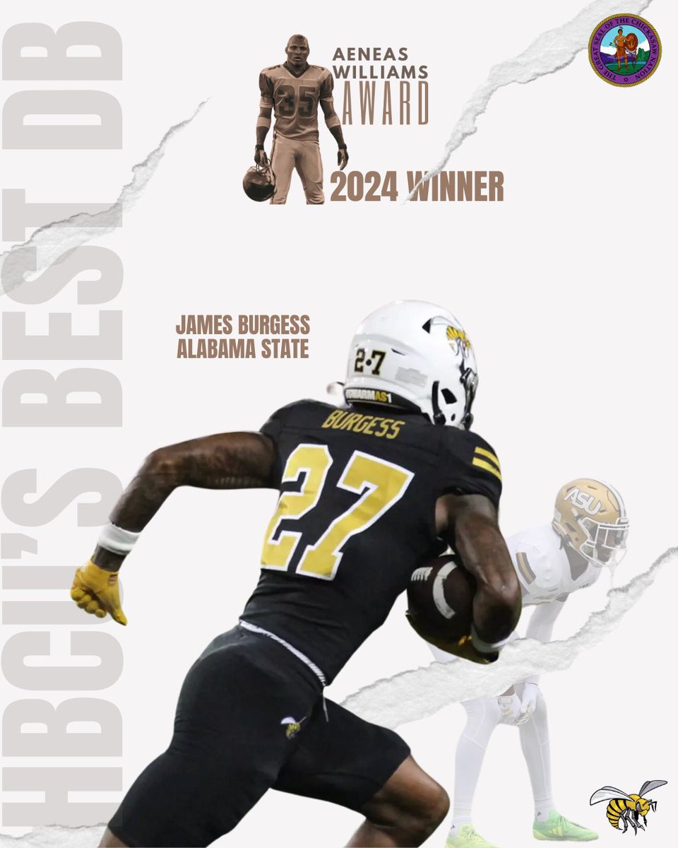 HBCU’s Best DB 🏆 Congratulations to James Burgess on winning the 2024 Aeneas Williams Award!

<a href="/BamaStateSports/">Bama State Athletics</a> <a href="/BamaStateFB/">Alabama State Football</a> 
<a href="/DraftHBCU/">#DraftHBCUPlayers</a> 
<a href="/theswac/">Southwestern Athletic Conference</a>