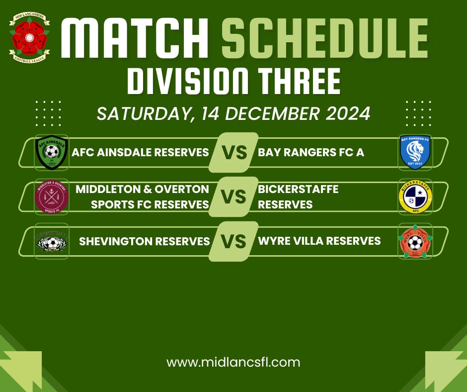 This weekend's Mid Lancs fixtures offer pre-Christmas football action.

Local derbies in the prem:
- <a href="/wilfs_fc/">Standish St Wilfs FC 🦉</a> vs. <a href="/shevingtonfc/">Shevington FC</a>
- <a href="/TarletonFC/">Tarleton Corinthians</a> vs. <a href="/BDynamoFC/">Burscough Dynamo FC</a> 

After their first win last week, can <a href="/SandA1st/">S&A Saturday 1st Team</a> keep it going against <a href="/FcHighgrove/">Highgrove FC</a>?

#MidLancsFL #RespectTheRef