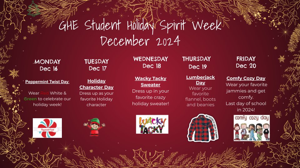 Holiday Spirit Week is next week. Join in the fun!!