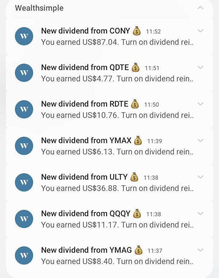 ObjIFDividends's tweet image. Love my Friday lunch time #dividends #weeklyincome

$IWMY 11.36
$QQQY 11.17
$WDTE 6.06

$YMAG 8.40
$YMAX 6.13

$RDTE 10.76
$QDTE 4.77
$XDTE 4.30

Also got $CONY 87.04 $ULTY 36.88
