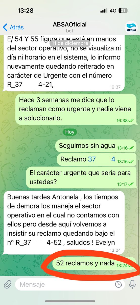 latole_'s tweet photo. @ABSAOficial hace más de 20 días que no tenemos agua, voy por el reclamo 52 (CINCUENTA Y DOS) y NADA. Dónde puedo hacer la denuncia? @DNDConsumidor @LaPlataMLP https://t.co/Ag7QsJUyQM