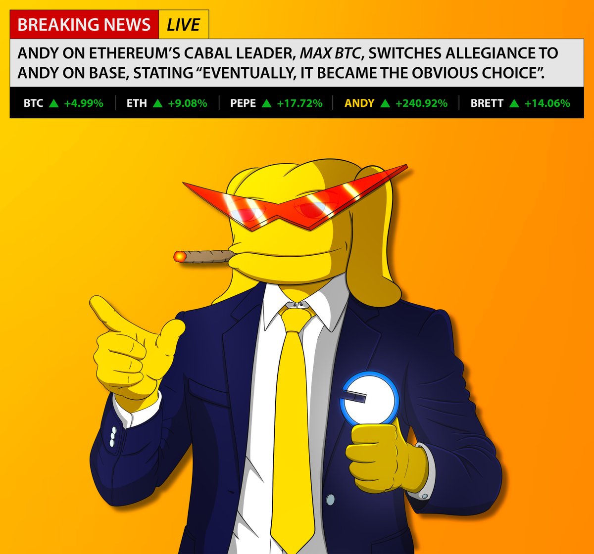 _AndyOnBase's tweet photo. As many pundits predicted, Max BTC has thrown in the towel by switching allegiance to Andy on Base.

In an emergency public statement, Max stated:

"Look, Andy on Base has a far better entry point with greater upside potential that I as a chart analyst simply cannot deny. As a new buyer, who wants a 3X when they could achieve a 100X?

Furthermore, Andy on Base boasts an original, dedicated, well-connected team that's continued to push hard and advance despite multiple market dips. As any experienced investor will tell you, those dips resulted in improved distribution and a more even playing field moving forward, which is a beautiful foundation to moon from.

They release jaw-dropping short-form content, which is vital for any meme - it's not all about chart comparisons and plotting lines based upon unpredictable outcomes you know.

Plus, with Base - the premier L2 that's about to erupt with more ferocity than Mount Krakatoa - transaction fees are negligible compared to Ethereum. This is important for meme loving investors (especially newbies) now and in the future because when the bull hits and GAS fees skyrocket, very few will wish to pay upwards of $100 per swap on Ethereum. Oh, and Base is also supported by Coinbase, crypto's second largest centralised exchange. Whammy!

Eventually, it became the obvious choice.

Before I go, let me say that I'm very much looking forward to riding with Andy on Base on The Billion Dollar Road. I'll bring the fib patterns and guacamole."

The above is a parody, but the following is not:

https://t.co/4PnL7I4muV