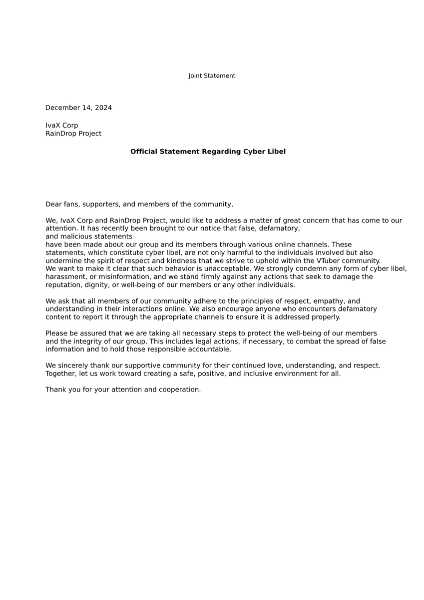 IvaXCorp_Inc's tweet photo. 「Official Statement Regarding Cyber Libel」 https://t.co/KPuNC5hbF1