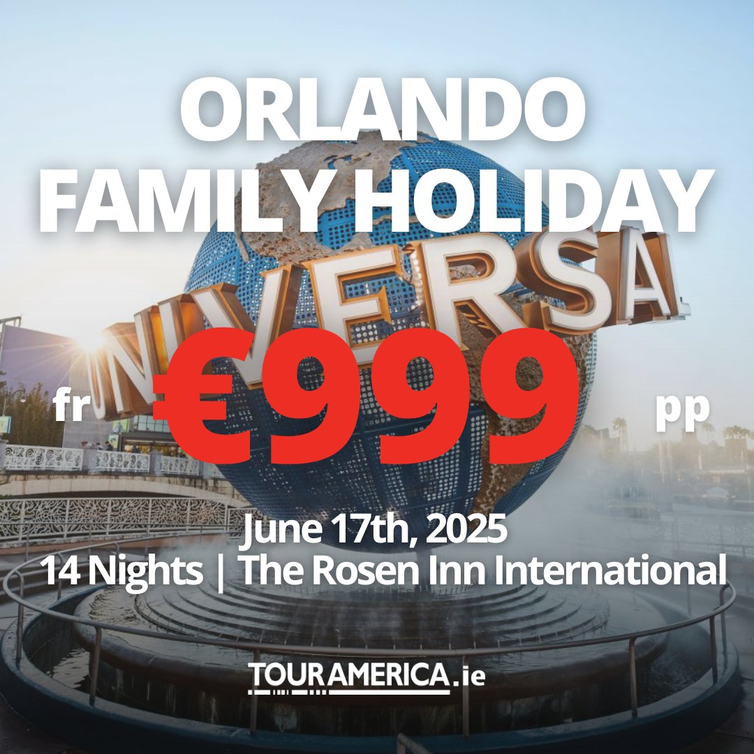 Tour America (@touramericatv) on Twitter photo 🌴 Family Fun in Orlando! 🎢
✈️ Return Flights with bags
🏨14 Nights | The Rosen Inn International 🏨
🗓️Departing on 17th June 2025
👨👩👧👦based on 2 adults & 2 kids sharing - €999pp
Ref: 723884
Book NOW for a magical family getaway!
📞 01 8173535 📧 sales@touramerica.ie 🌴 Family Fun in Orlando! 🎢
✈️ Return Flights with bags
🏨14 Nights | The Rosen Inn International 🏨
🗓️Departing on 17th June 2025
👨👩👧👦based on 2 adults & 2 kids sharing - €999pp
Ref: 723884
Book NOW for a magical family getaway!
📞 01 8173535 📧 sales@touramerica.ie