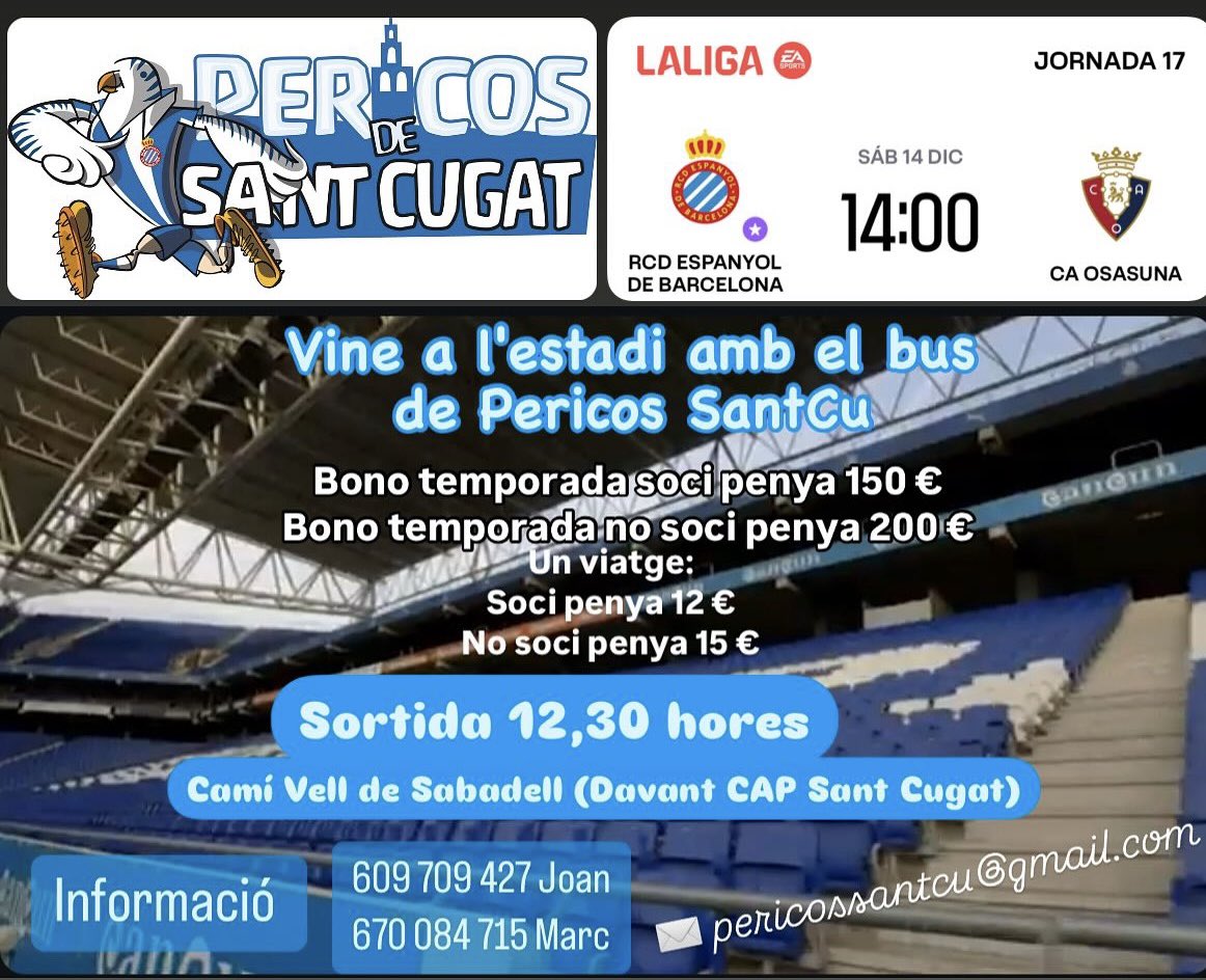 Dissabte vine a l'Estadi amb el bus de la Penya. L'equip ens necessita a tots. I si vols protesta contra els que ens han portat fins aquí. El <a href="/RCDEspanyol/">RCD Espanyol de Barcelona</a> es dels pericos, no de <a href="/Rastar_Group/">RastarGroup</a>.
T'hi esperem!!  #RCDE 
<a href="/fcp_espanyol/">FCPE</a> <a href="/Rastar_Group/">RastarGroup</a>