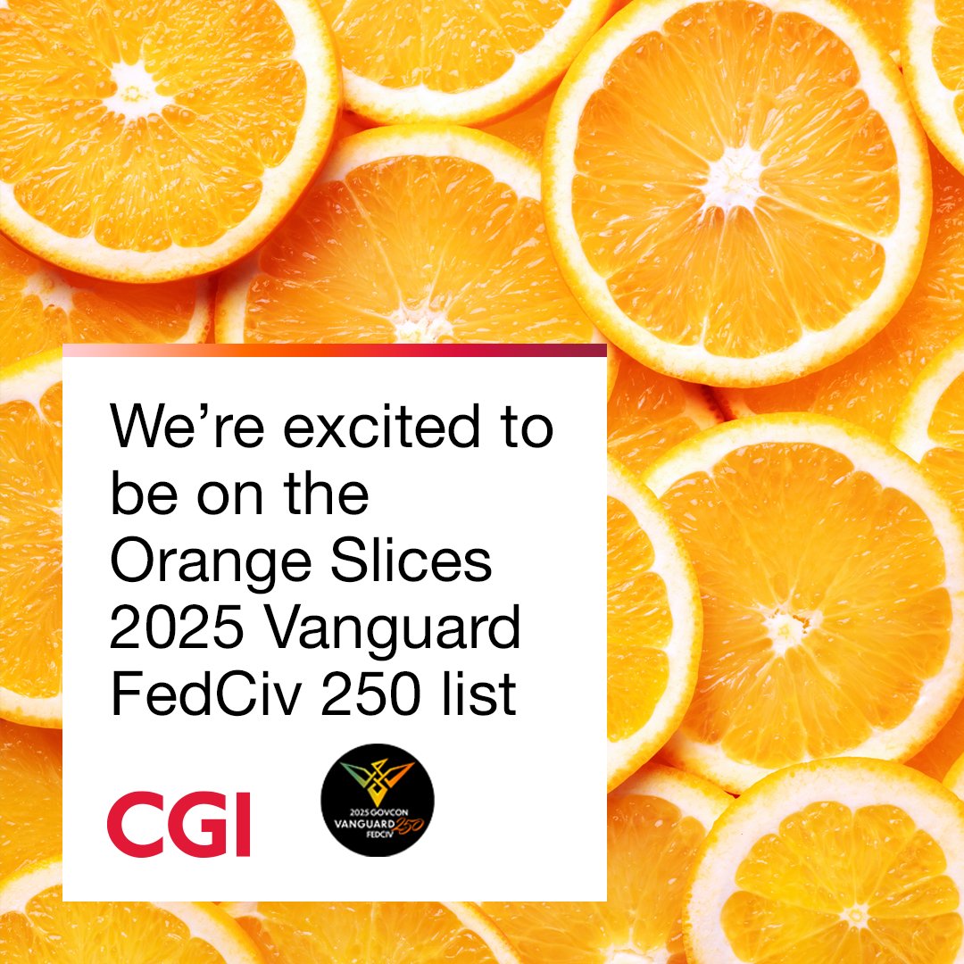 We have been named in the 2025 OrangeSlices AI #VanguardFedCiv250 list. 

We are proud to be recognized as a leader in #Federal IT. Our team is dedicated to developing solutions that modernize and drive outcomes.

Learn more 👉 bit.ly/3Vvtati 👈 

#WeAreCGI #Vanguard250