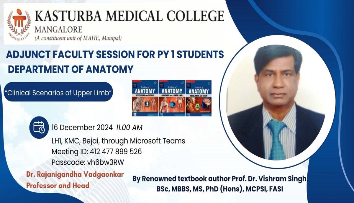 KMC_Mangalore's tweet image. The Department of Anatomy at Kasturba Medical College, Mangalore, presents an Adjunct Faculty Session for PY1 students.

#KMCMangalore #Anatomy #StudentLearning #AcademicExcellence