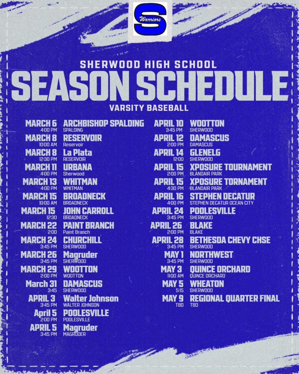 Sherwood Baseball (@woodbaseball1) on Twitter photo 2025 VARSITY BASEBALL SCHEDULE!! <a href="/XposureBSB/">Xposure Sports Baseball</a> <a href="/MoCoBaseballLog/">The MoCo Baseball Report</a> <a href="/WarriorResults/">Sherwood Athletics</a> <a href="/OlneyNews/">GreaterOlneyNews</a> <a href="/JNaill8/">Jamie Naill Jr</a> 2025 VARSITY BASEBALL SCHEDULE!! <a href="/XposureBSB/">Xposure Sports Baseball</a> <a href="/MoCoBaseballLog/">The MoCo Baseball Report</a> <a href="/WarriorResults/">Sherwood Athletics</a> <a href="/OlneyNews/">GreaterOlneyNews</a> <a href="/JNaill8/">Jamie Naill Jr</a>