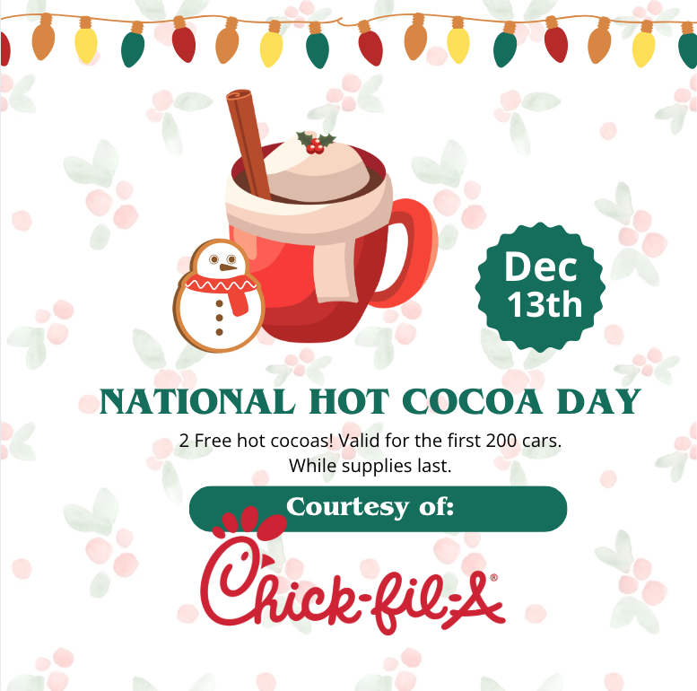 It’s National Hot Cocoa Day, and we’re stirring up some holiday magic! <a href="/ChickfilA/">Chick-fil-A, Inc.</a> is celebrating with us by gifting two FREE hot cocoas to the first 200 cars tonight (on first entry)! Warm up your ride with a sweet treat while you enjoy the lights—Valid while supplies last!
