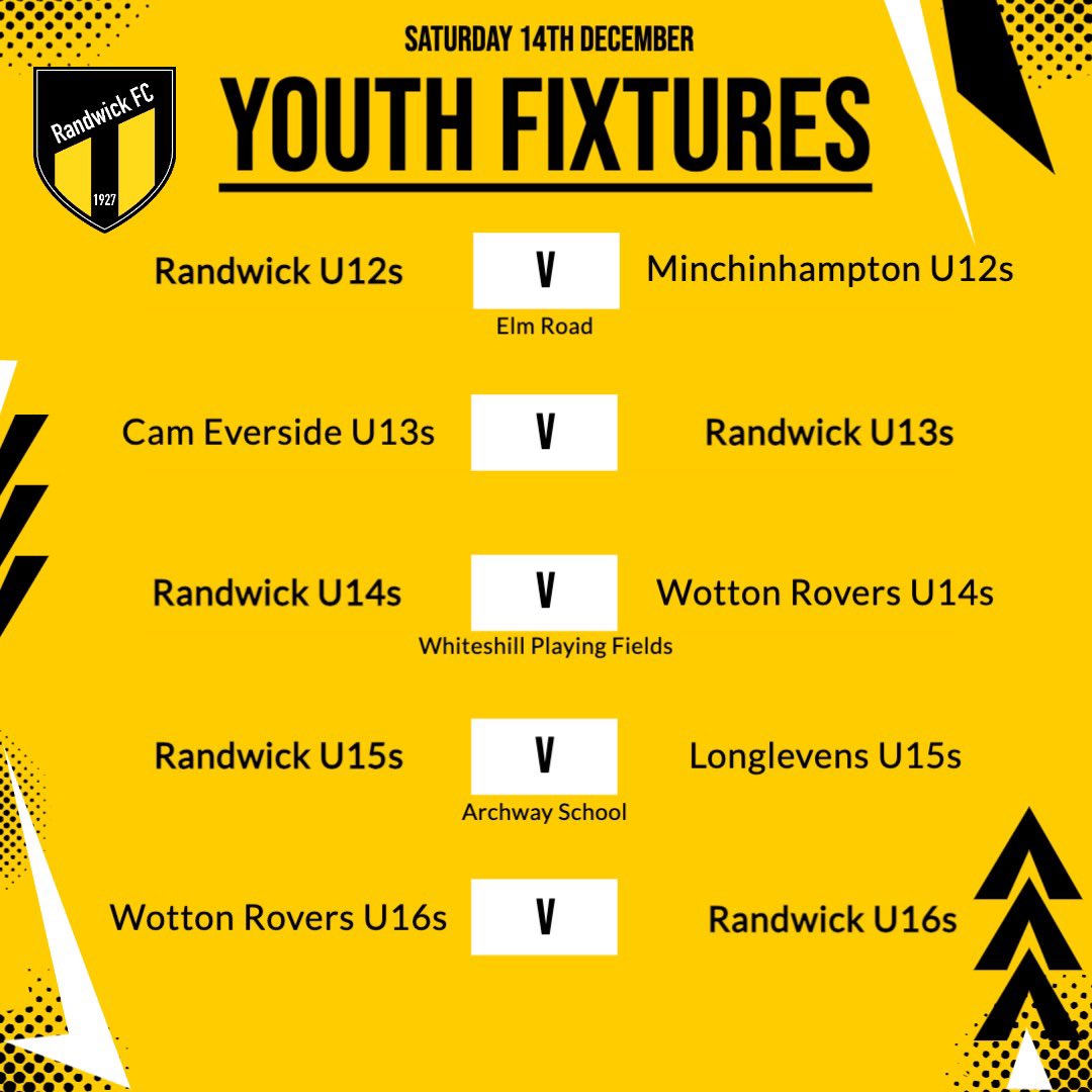 Randwick FC (@randwickfc) on Twitter photo ⬇️FIXTURES⬇️
⚫️Reserves vs <a href="/Chalford_AFC/">ChalfordAFC (C) 🏆</a> 4s (A)
🟡U12s vs <a href="/fcminch/">Minchinhampton FC</a> (H)
⚫️U13s vs Cam Everside (A)
🟡U14s vs Wotton Rovers (H)
⚫️U15s vs <a href="/longlevensafc/">Longlevens AFC</a> (H)
🟡U16s vs Wotton Rovers (A) ⬇️FIXTURES⬇️
⚫️Reserves vs <a href="/Chalford_AFC/">ChalfordAFC (C) 🏆</a> 4s (A)
🟡U12s vs <a href="/fcminch/">Minchinhampton FC</a> (H)
⚫️U13s vs Cam Everside (A)
🟡U14s vs Wotton Rovers (H)
⚫️U15s vs <a href="/longlevensafc/">Longlevens AFC</a> (H)
🟡U16s vs Wotton Rovers (A)