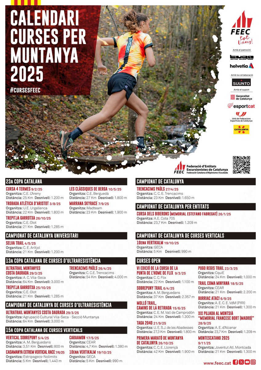 💥 Aquí teniu el calendari de 🏃‍♀️⛰️ Curses per Muntanya 2025. 

Clàssiques, estrenes i més d’una vintena de curses arreu del territori. 

🔗tuit.cat/0z3bD

#sentlamuntanya #sommuntanya #cursesfeec