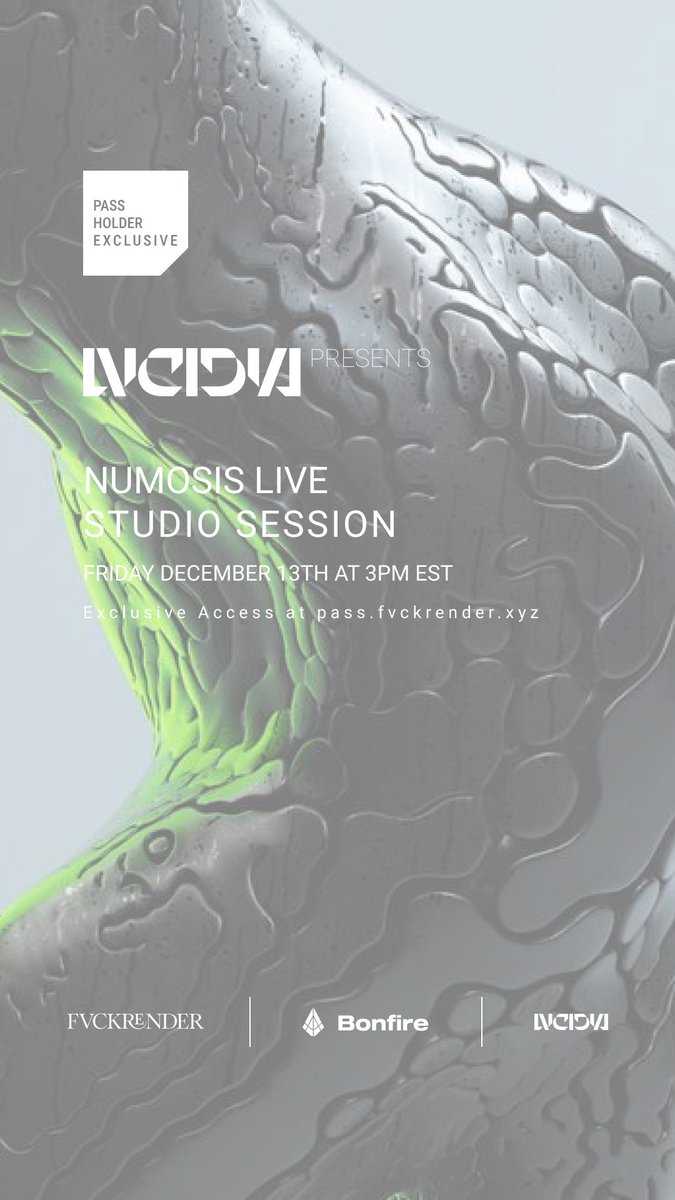NUMOSIS// STUDIO SESSION

TODAY, step inside the studio with <a href="/numosis/">Numosis</a> at 3 pm ET! 🔥

Watch him create a brand new piece of art LIVE. 

⚡️Exclusively for our LVCIDIA S01 pass holders. 

Get access! → pass.fvckrender.xyz
