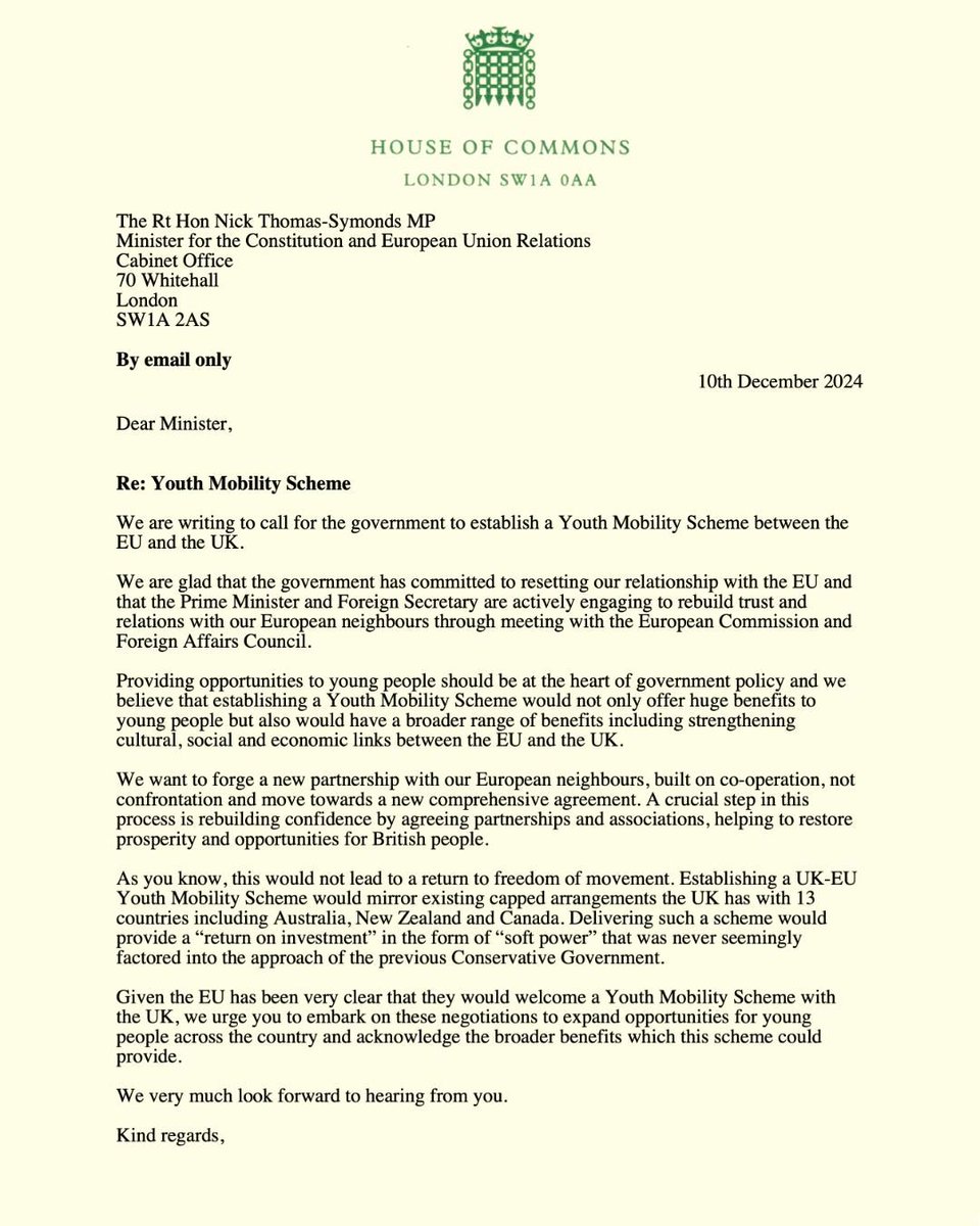 I have joined with colleagues to sign Sarah Olney's open letter to the Minister for the Constitution and European Union Relations.

We must be able to establish a Youth Mobility Scheme with the EU as we begin rebuilding our broken relationship with our closest neighbour.