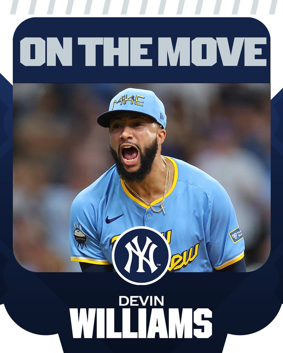 Yankees reportedly acquire RHP Devin Williams from the Brewers, per multiple reports including MLB.com's <a href="/Feinsand/">Mark Feinsand</a>.