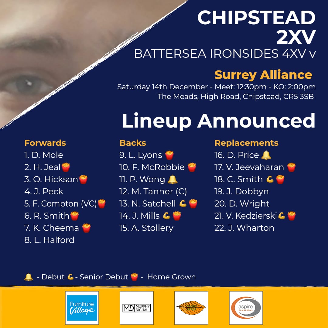 Here is your 2xv squad looking to end the year on a high, hosting @ironsidesmensrugby in Round 10.

#ChipsteadRFC #ChipsteadRugbyClub #SurreyRugby #UTC #rugbyunion #rugbyteam #rugbylife 

💙💛🏉