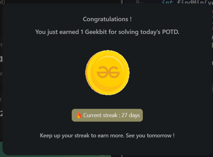 Goutam Mukherjee (@n0ob_coder) on Twitter photo #Day27 of <a href="/geeksforgeeks/">GeeksforGeeks</a> 160 days Challenge:🚀🔥
Solved - Problem 29 #POTD: Sorted and Rotated Minimum✅
#geekstreak2024 #gfg160 #gfg #potd #geeksforgeeks #LearnInPublic #Day27 of <a href="/geeksforgeeks/">GeeksforGeeks</a> 160 days Challenge:🚀🔥
Solved - Problem 29 #POTD: Sorted and Rotated Minimum✅
#geekstreak2024 #gfg160 #gfg #potd #geeksforgeeks #LearnInPublic